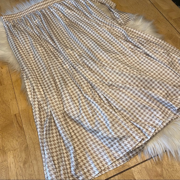 Vintage Beige Houndstooth Pleated Midi Skirt w Belt Tie L - Picture 5 of 10